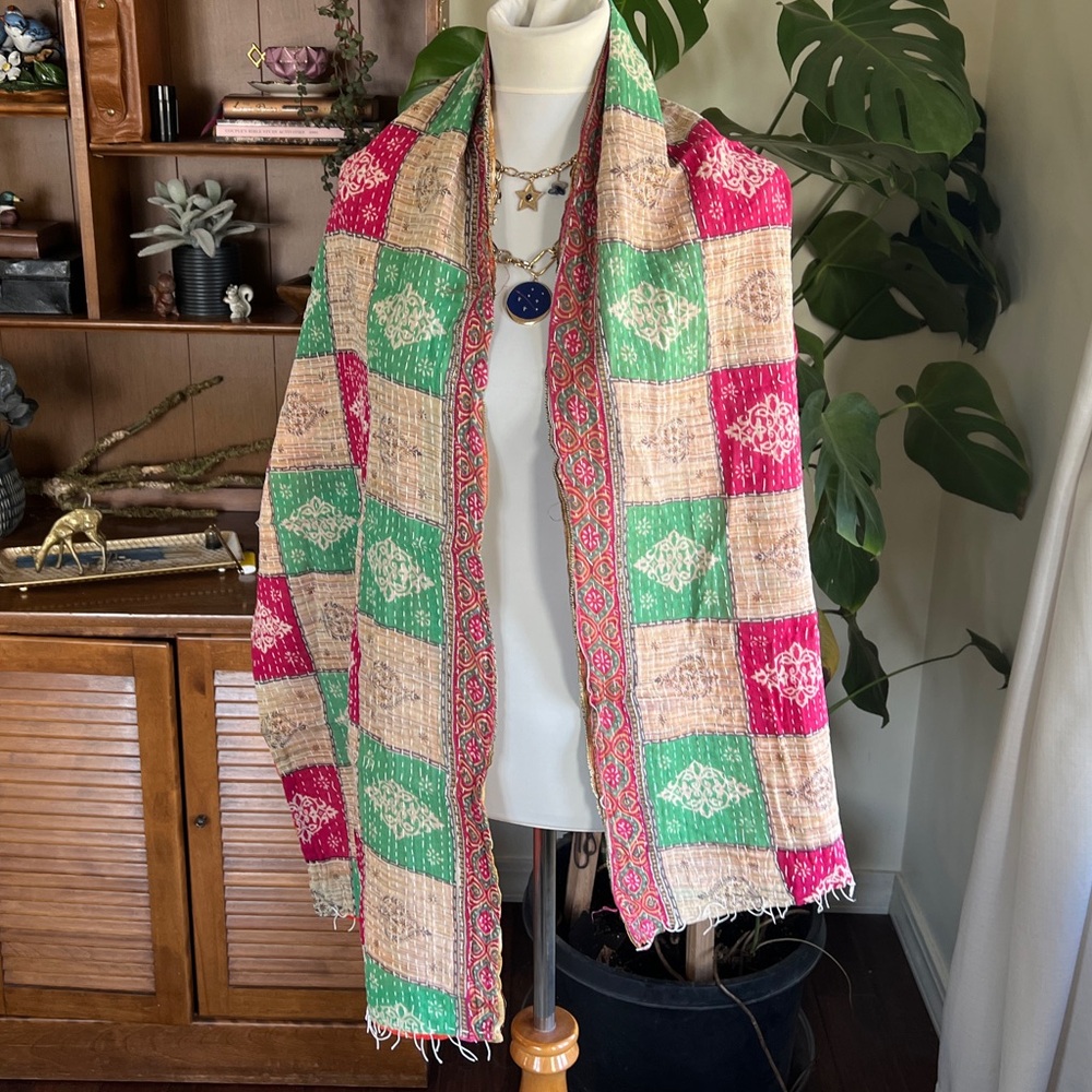 Kantha Vibrant Multicolor Scarf Wrap Shrug or Table Runner Decor NWOT - Picture 5 of 13